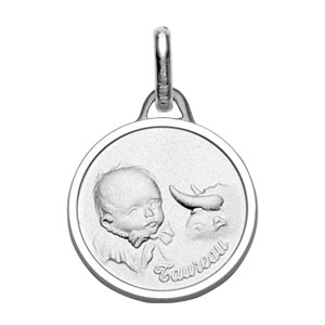 Pendentif médaille pour bébé en argent rhodié zodiaque Taureau - Vue 1