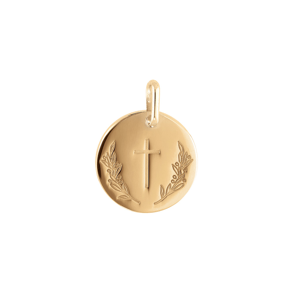Pendentif plaqu� or m�daille ronde 15mm avec croix et rameau - Vue 1