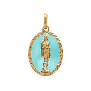 Pendentif plaqu or ovale marie madeleine 18mm x 13mm sur fond rsine bleu ciel - Vue 1