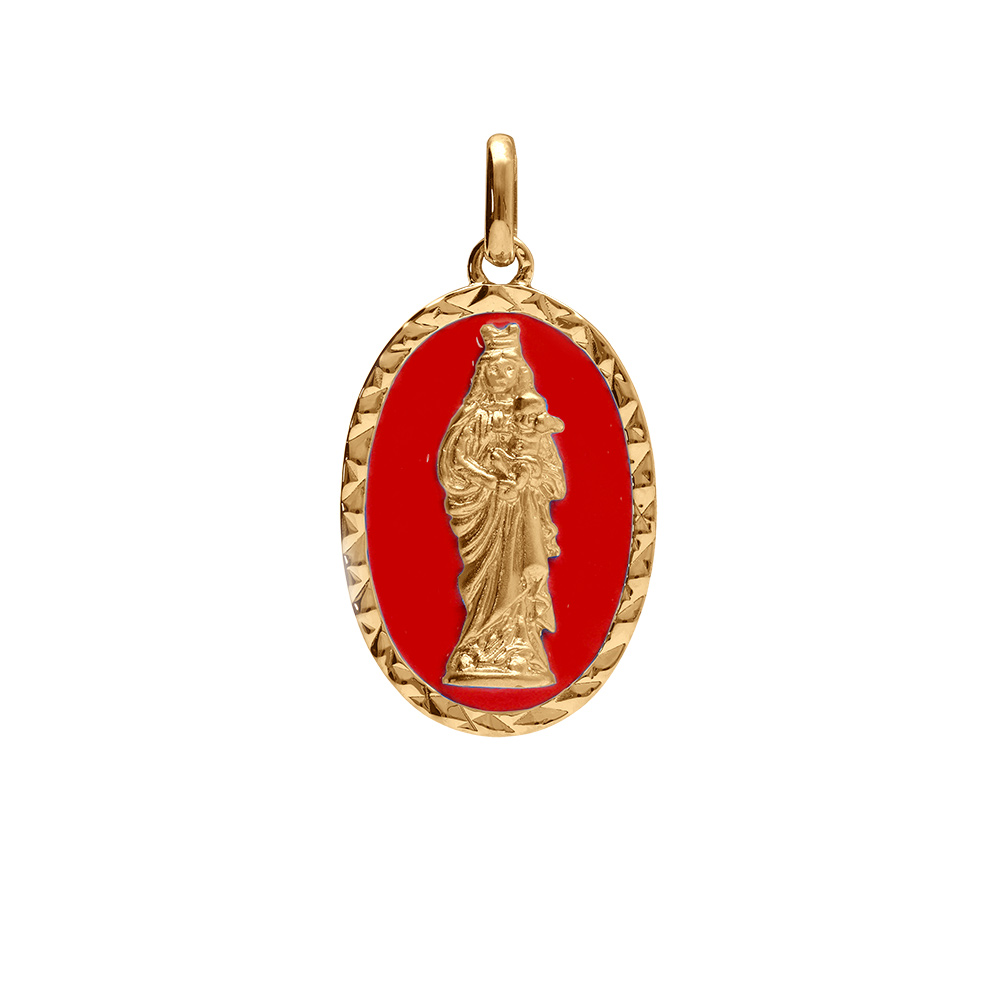 Pendentif plaqu� or ovale vierge et l\'enfant 20mmx13mm fond rouge - Vue 1