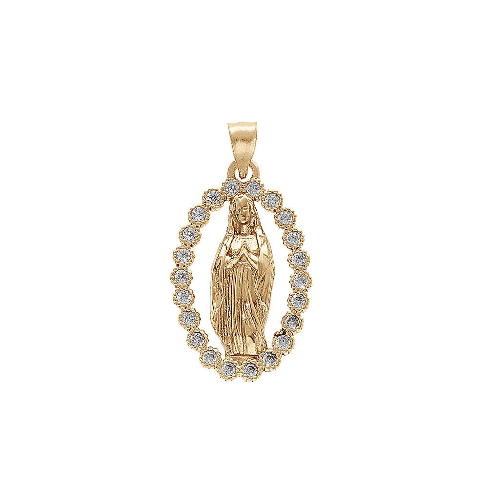 Pendentif plaqu� or ovale vierge Lourdes oxydes blancs sertis - 18X12 - Vue 1