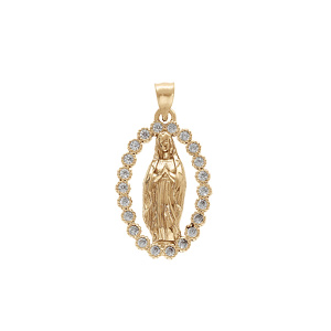 Pendentif plaqué or ovale vierge Lourdes oxydes blancs sertis - 18X12 - Vue 1