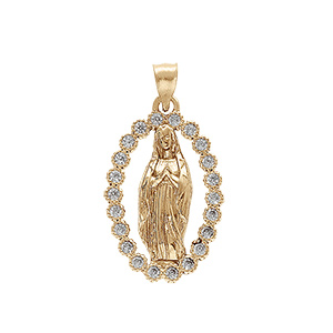 Pendentif plaqu� or ovale vierge Lourdes oxydes blancs sertis - 18x12mm