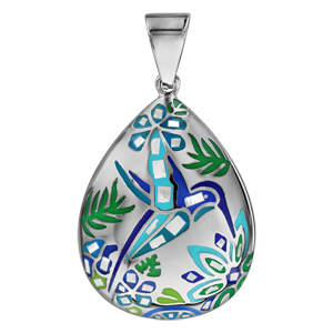 Pendentif Stella Mia en acier et nacre blanche vritable forme goutte avec motifs colibris bleu vert - Vue 1