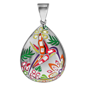 Pendentif Stella Mia en acier et nacre blanche vritable  forme goutte avec motifs colibris jaunes et violets - Vue 1