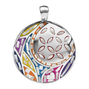 Pendentif Stella Mia en acier et nacre blanche vritable rond avec motif fleur et multicolore - Vue 1