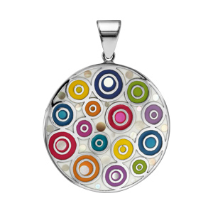 Pendentif Stella Mia en acier et nacre blanche vritable rond avec motifs spirales et multicolore - Vue 1