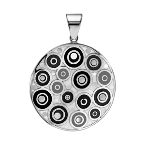 Pendentif Stella Mia en acier et nacre blanche vritable rond avec motifs spirales et noir et blanc - Vue 1