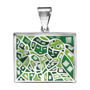 Pendentif Stella Mia en acier et nacre carr avec motifs et visages verts - Vue 1