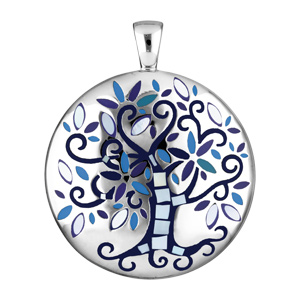 Pendentif Stella Mia en acier et nacre rond avec arbre de vie bleu nuit - Vue 1