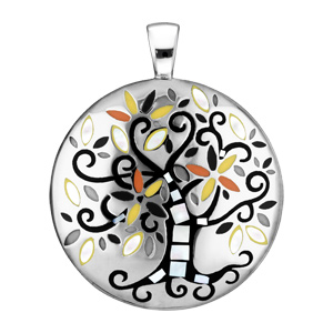 Pendentif Stella Mia en acier et nacre rond avec arbre de vie jaune et ocre - Vue 1