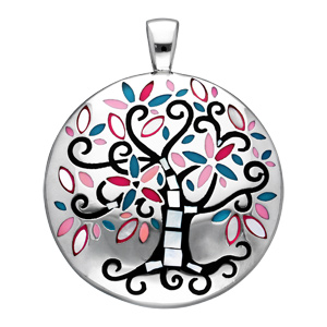 Pendentif Stella Mia en acier et nacre rond avec arbre de vie noir et rose - Vue 1