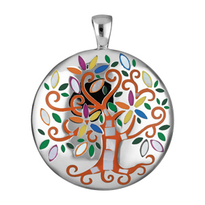 Pendentif Stella Mia en acier et nacre rond avec arbre de vie orange et multi couleur - Vue 1