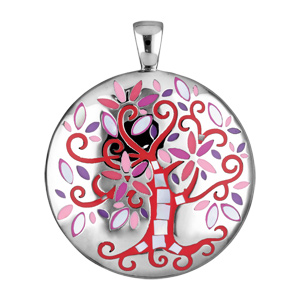 Pendentif Stella Mia en acier et nacre rond avec arbre de vie rouge - Vue 1