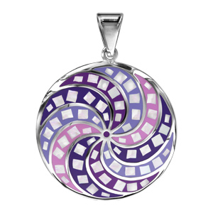 Pendentif Stella Mia en acieret nacre rond avec rosace violette et rose - Vue 1