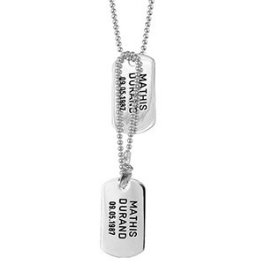 Pendentifs plaque G.I. en argent à graver - 2 plaques G.I. pans arrondis + 2 chaînes Boules - Vue 1
