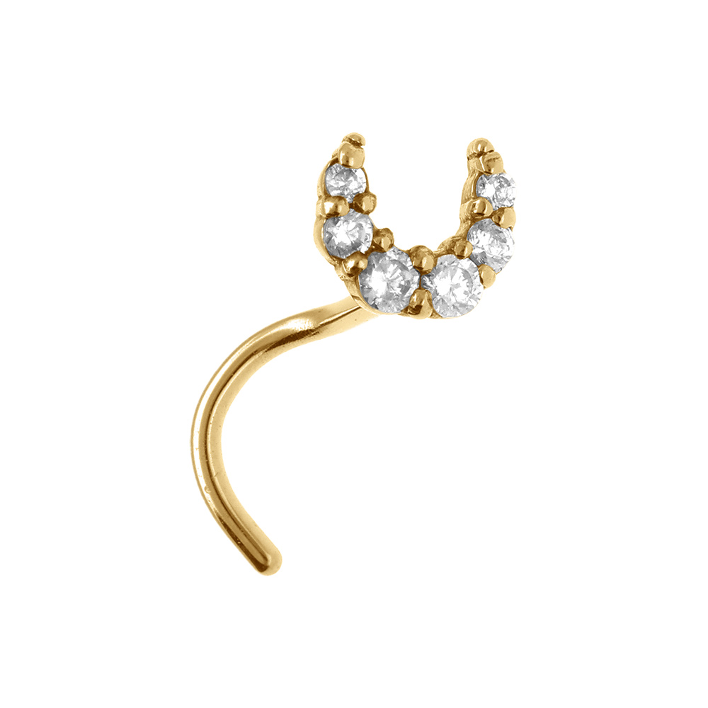 Piercing de nez en acier dor� demi lune par�e d\'oxydes blancs - Vue 1