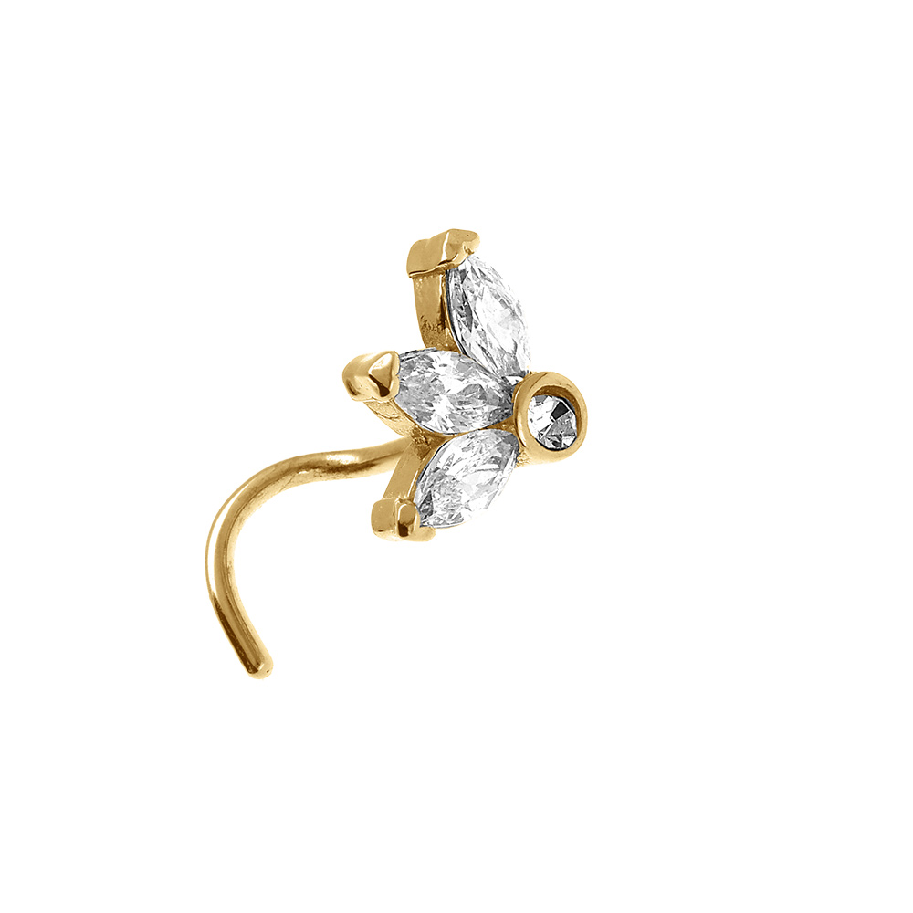 Piercing de nez en acier dor� fleur oxydes blancs - Vue 1