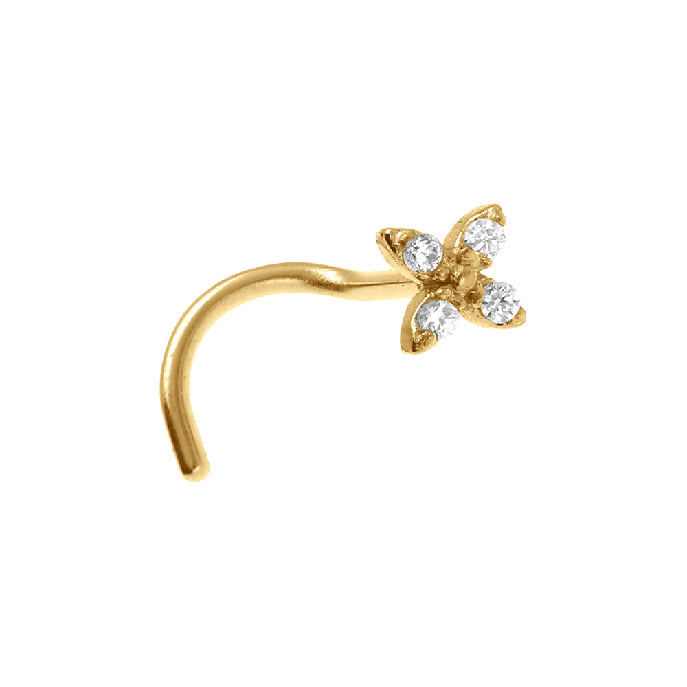 Piercing de nez en acier dor� fleur quatre p�tales avec oxydes blancs - Vue 1
