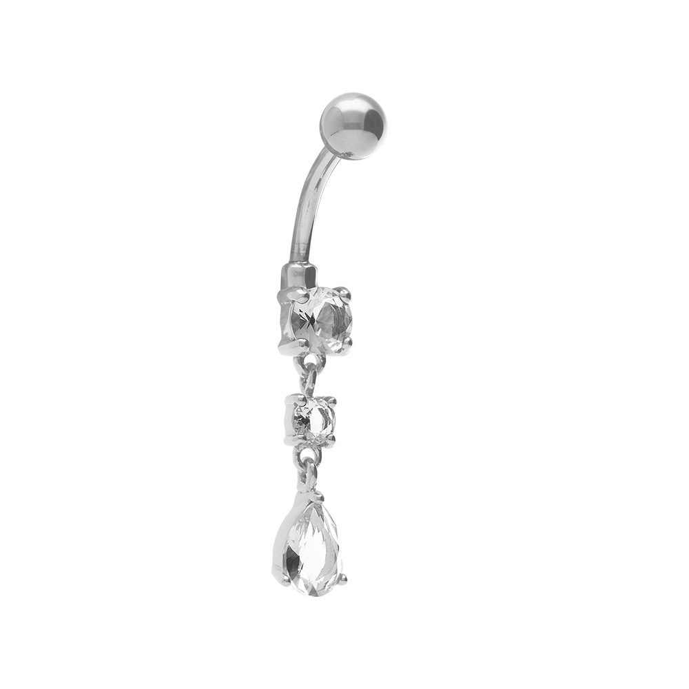 Piercing de nombril en acier 3 oxydes blancs suspendus dont 1 en forme de goutte - Vue 1