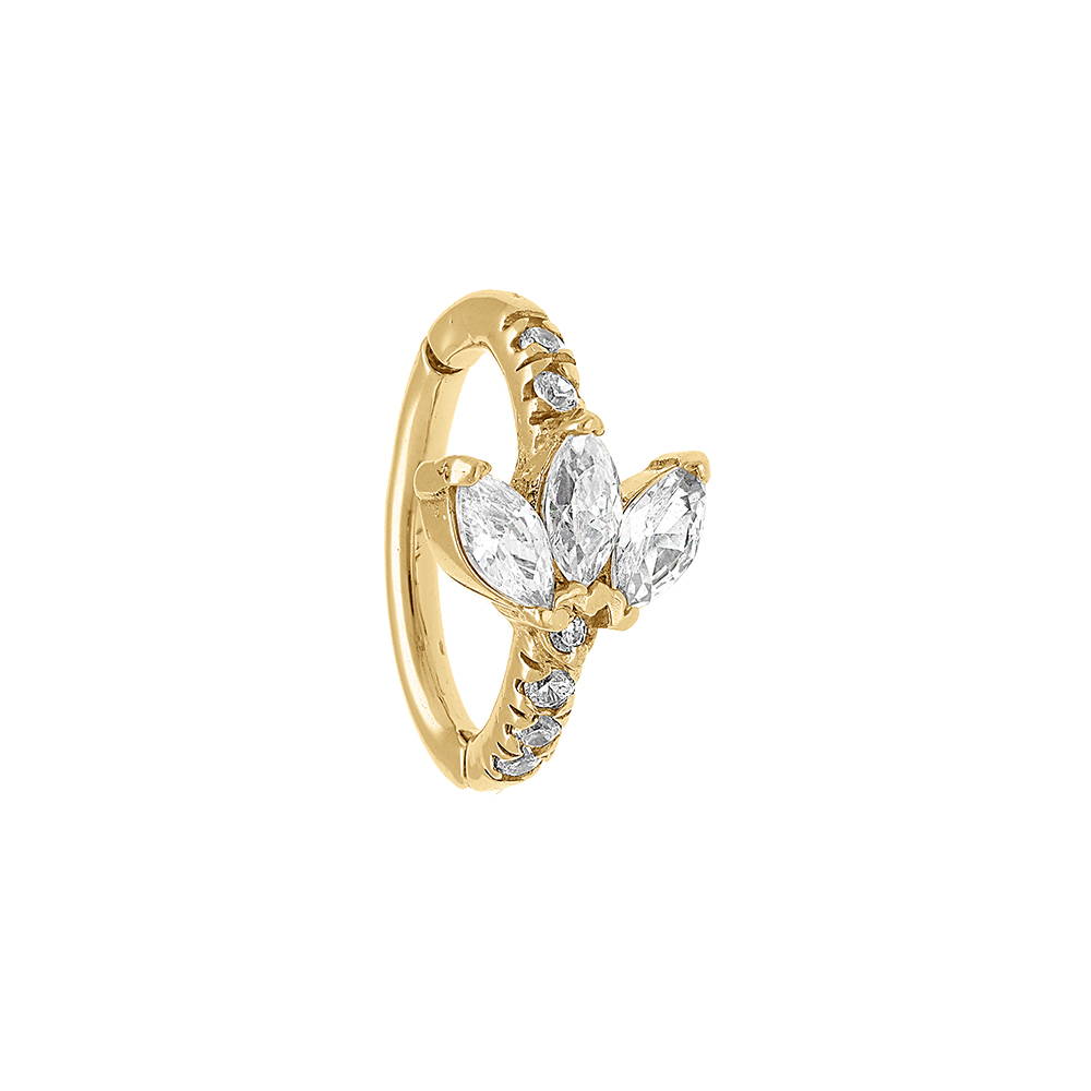 Piercing nombril en acier dor� avec 3 oxydes blancs et rail d\'oxydes - Vue 1