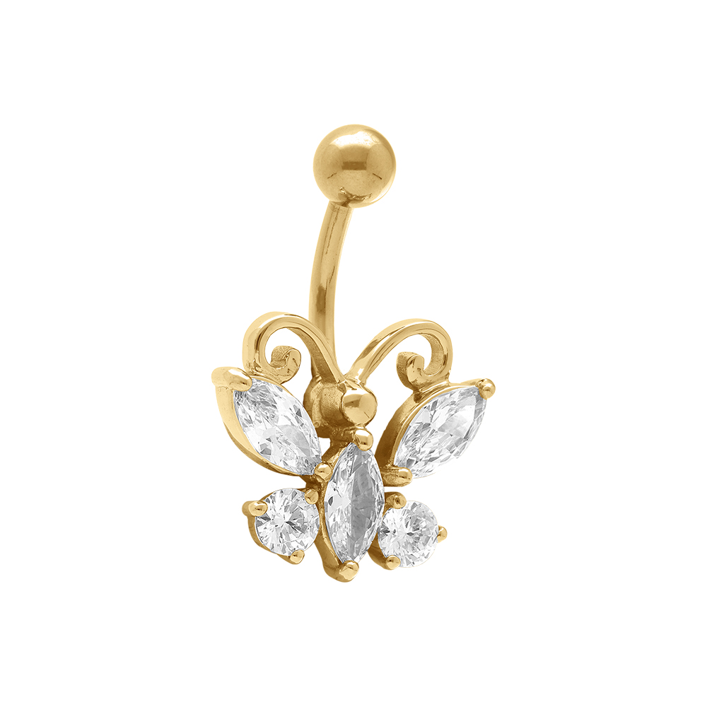 Piercing nombril en acier dore papillon avec oxydes blancs - Vue 1