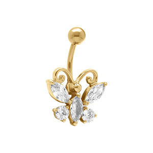 Piercing nombril en acier dore papillon avec oxydes blancs - Vue 1
