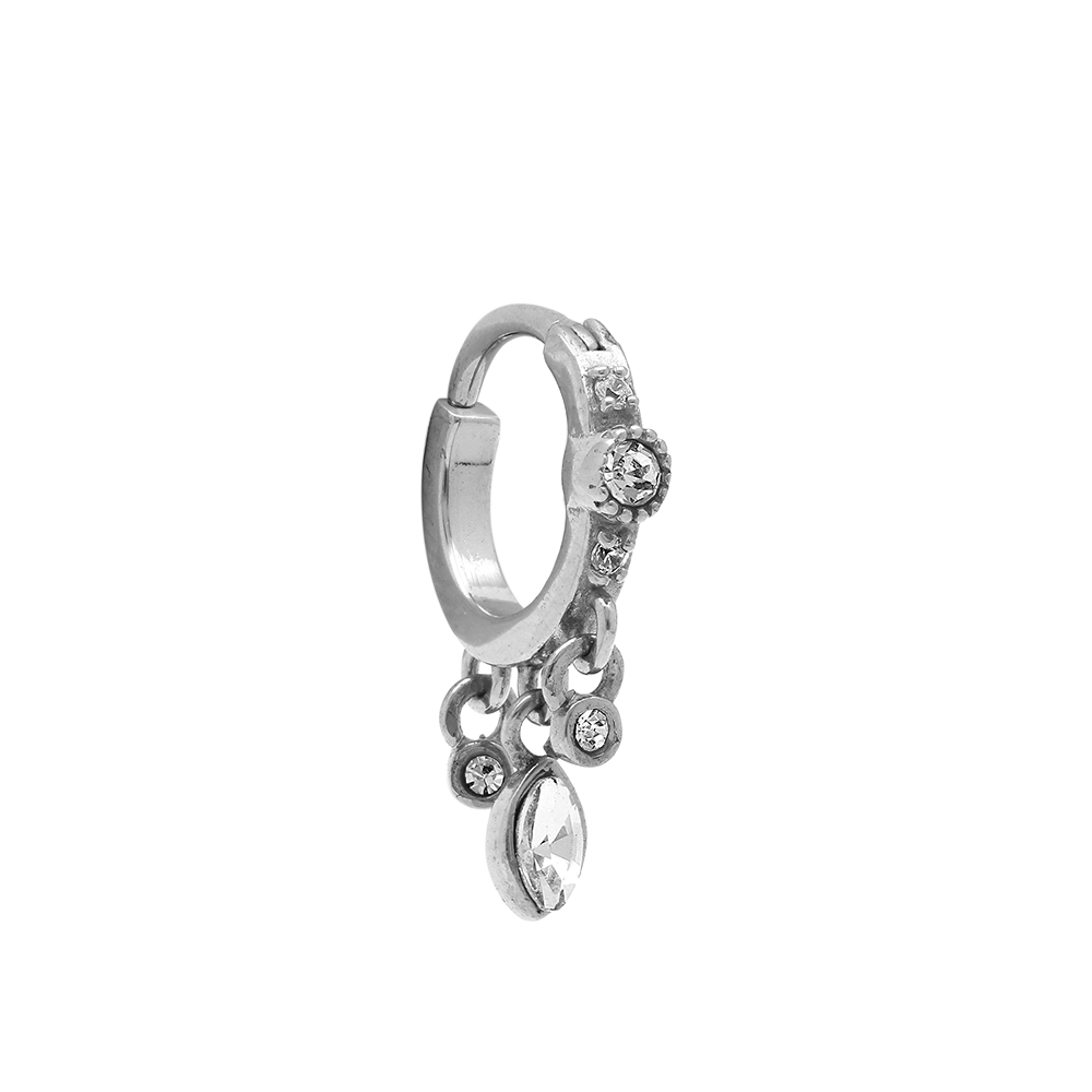 Piercing oreille en acier Rook anneau avec pampilles orn�es d\'oxydes blancs - Vue 1