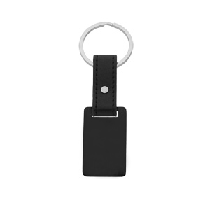Porte clef en acier et cuir noir plaque noir à graver rectangulaire - Vue 1