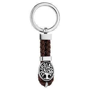 Porte clef en acier languette de cuir tress marron et pastille arbre de vie - Vue 1