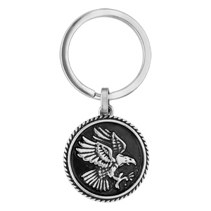 Porte clef en acier médaillon motif aigle sur fond noir - Vue 1
