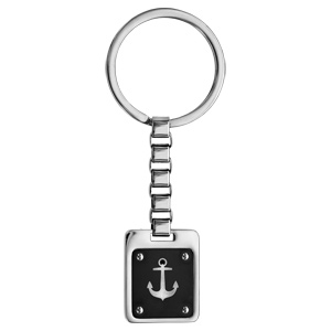 Porte clef en acier plaque rectangulaire PVD noir motif ancre marine - Vue 1