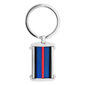 Porte clef en acier rectangulaire bleu et noir avec bande rouge - Vue 1