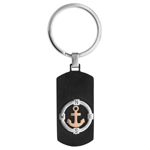 Porte clef en acier rectangulaire noir avec ancre marine - Vue 1