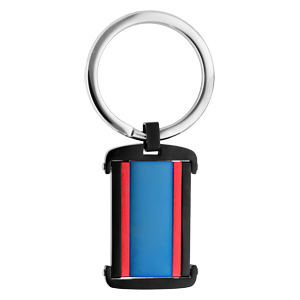 Porte clef en acier rectangulaire noir et bleu avec 2 bandes rouge - Vue 1