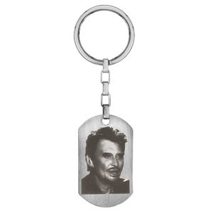 Porte-clef acier plaque à graver + portrait Johnny - Vue 1