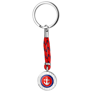 Porte-clef en acier et corde rouge avec rond ancre marine rouge etr bleue - Vue 1