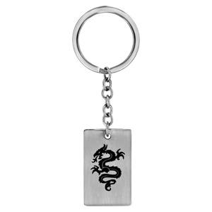 Porte-clef en acier plaque G.I. rectangulaire avec dragon noir au milieu - Vue 1