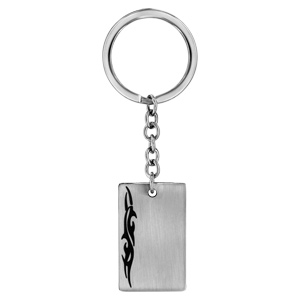 Porte-clef en acier plaque G.I. rectangulaire avec motif tribal noir sur le côté - Vue 1