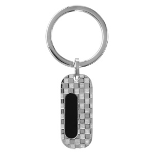 Porte-clef en acier rectangle arrondi quadrillé et bande en PVD noir - Vue 1