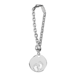 Porte-clef en argent avec médaille en forme de galet avec gravure empreintes de pieds - Vue 1