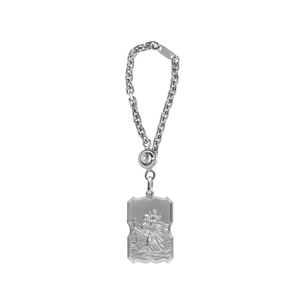 Porte-clef en argent massif rectangulaire Saint-Christophe effet viel argent - Vue 1