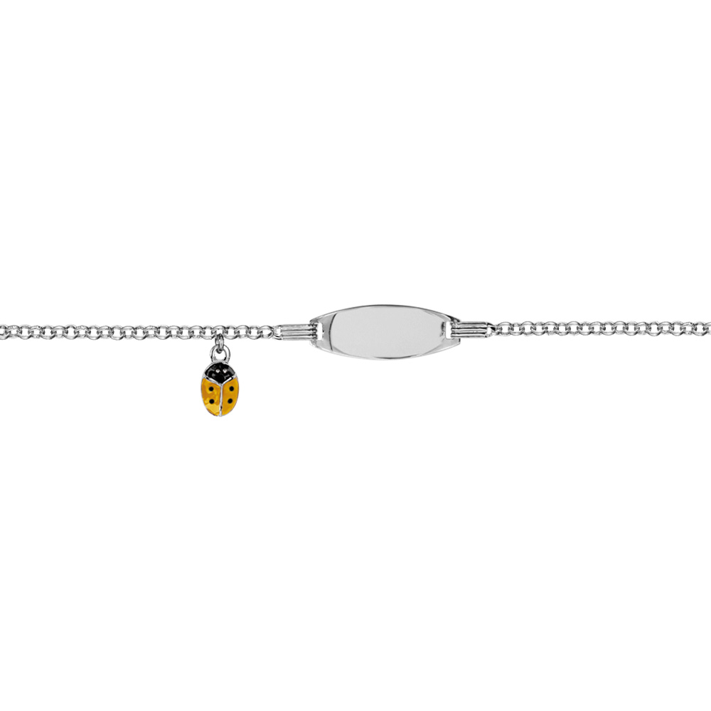 Gourmette pour bébé en argent rhodié maille ronde et plaque ovale avec pampille coccinelle jaune 13+2cm Gourmette pour bébé en argent rhodié maille ronde et plaque ovale avec pampille coccinelle jaune 13+2cm