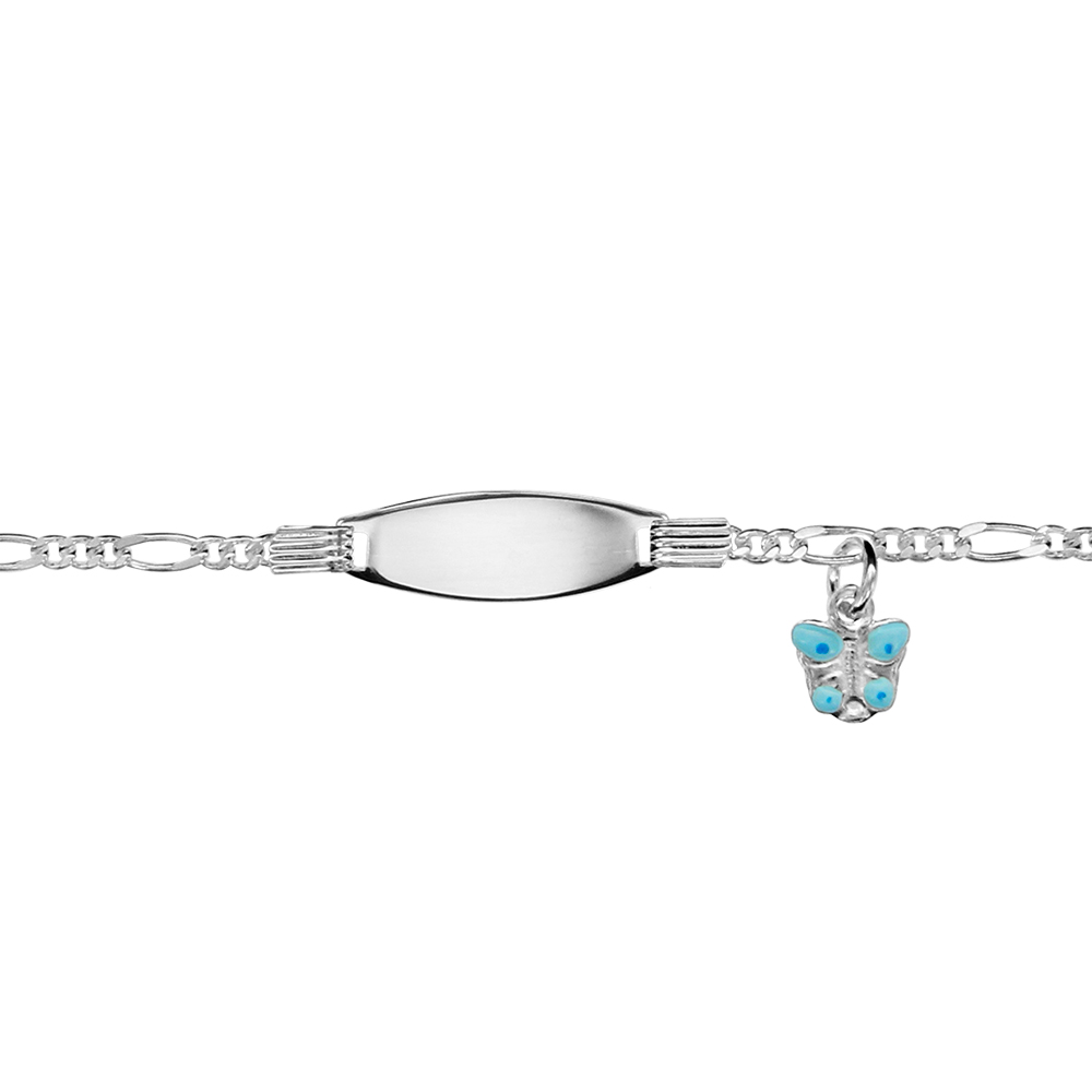 Gourmette pour bébé en argent maille figaro 1+3 plaque ovale avec pampille papillon bleu - largeur 2mm et longueur 13cm + 2cm de rallonge