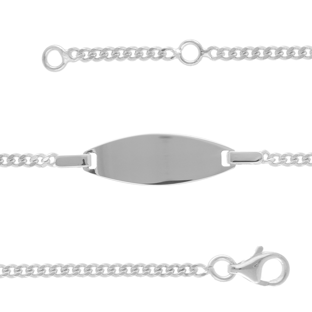 Gourmette pour bébé en argent maille serrée avec plaque ovale - largeur 2mm et longueur 13cm + 2cm de rallonge