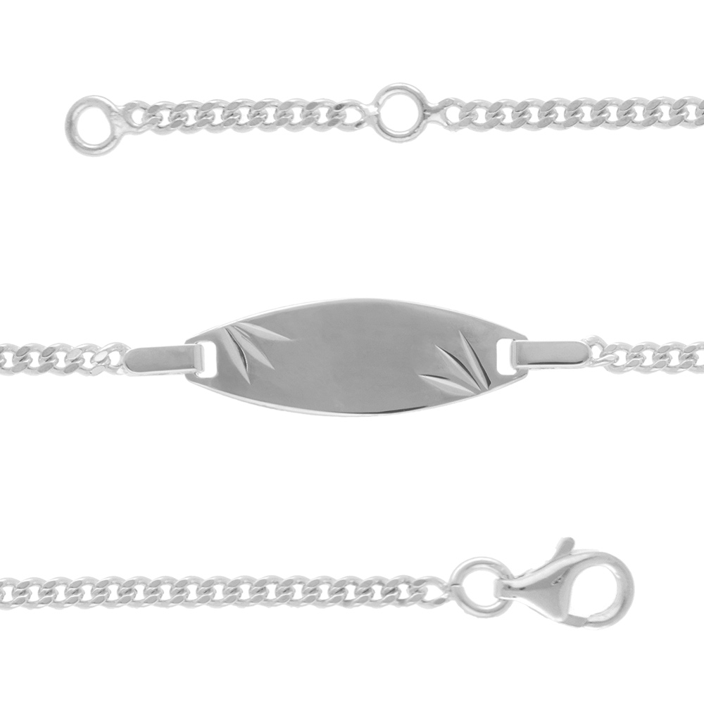 Gourmette pour bébé en argent rhodié maille serrée avec plaque ovale et diamantage étoilé dans les coins - largeur 2mm et longueur 13cm + 2cm de rallonge