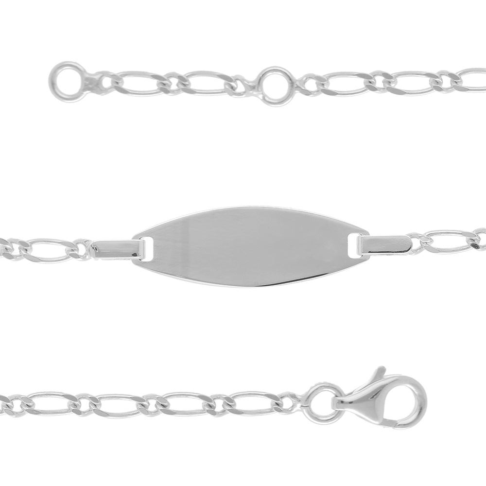 Gourmette pour bébé en argent maille figaro 1+1 avec plaque ovale - largeur 2mm et longueur 13cm + 2cm de rallonge