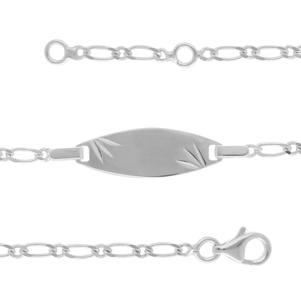 Gourmette pour bébé en argent rhodié maille 1+1 avec plaque ovale et diamantage étoilé dans les coins - largeur 2mm et longueur 13cm + 2cm de rallonge