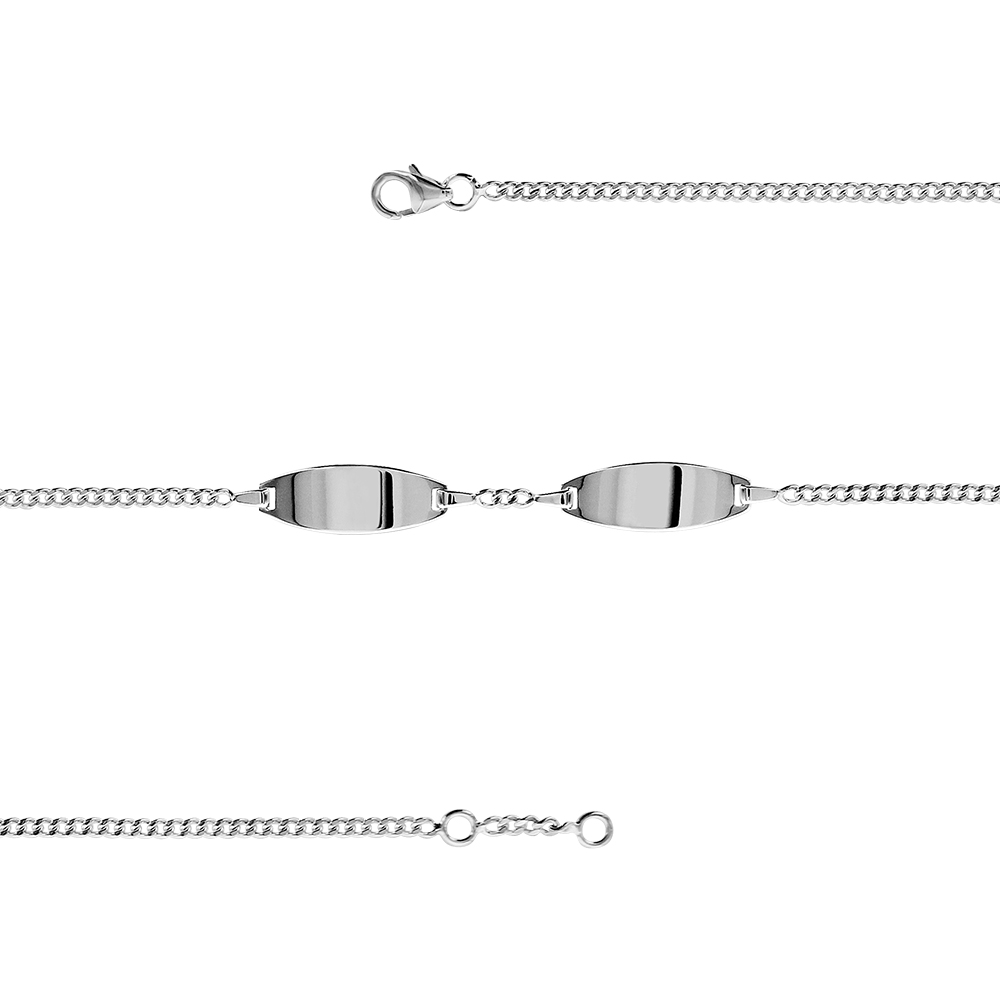 Gourmette en argent maille serrée avec 2 plaques ovales - largeur 2mm et longueur 18cm + 1cm de rallonge