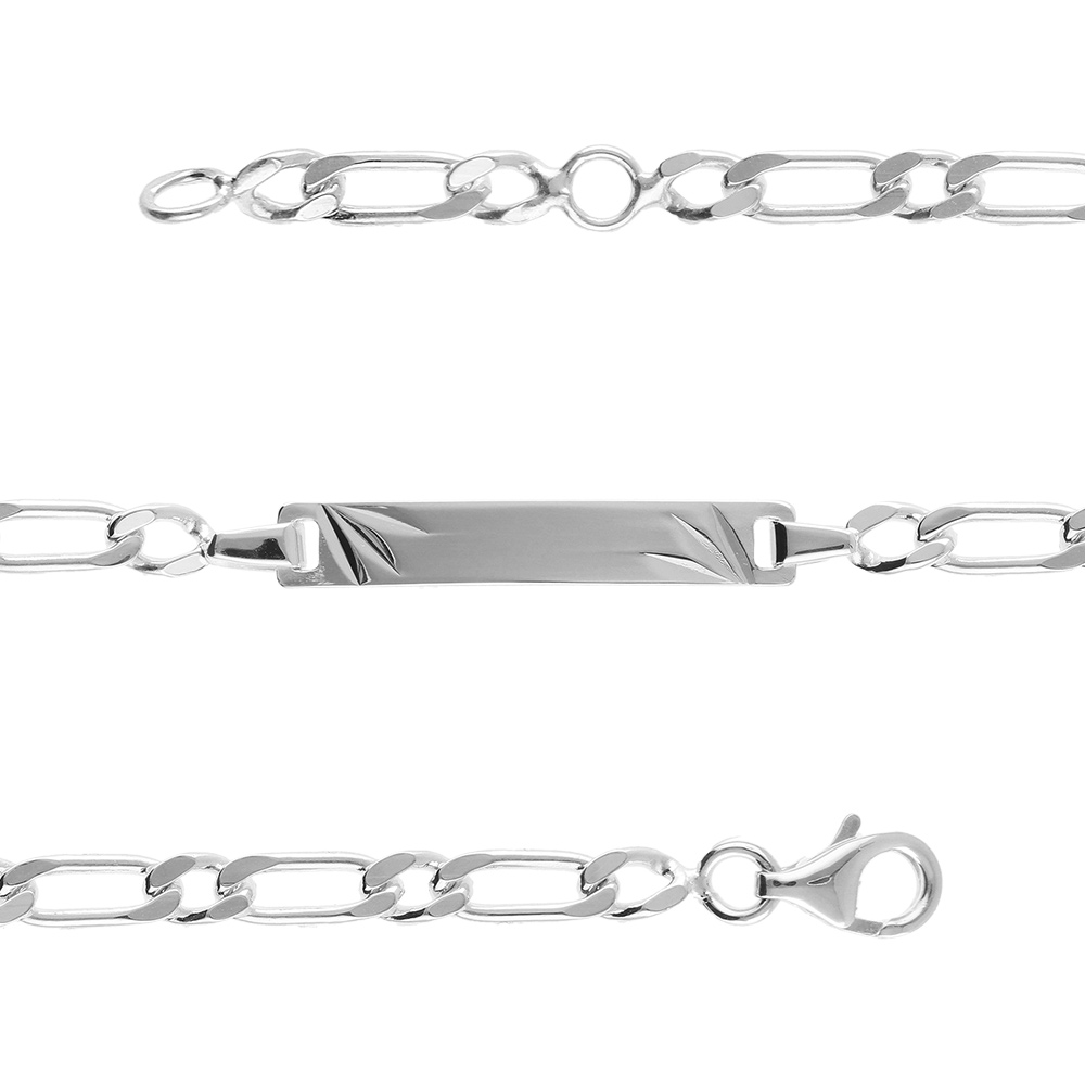 Gourmette pour bébé en argent rhodié maille 1+1 avec diamantage étoilé dans les coins - largeur 3mm et longueur 14cm + 2cm de rallonge